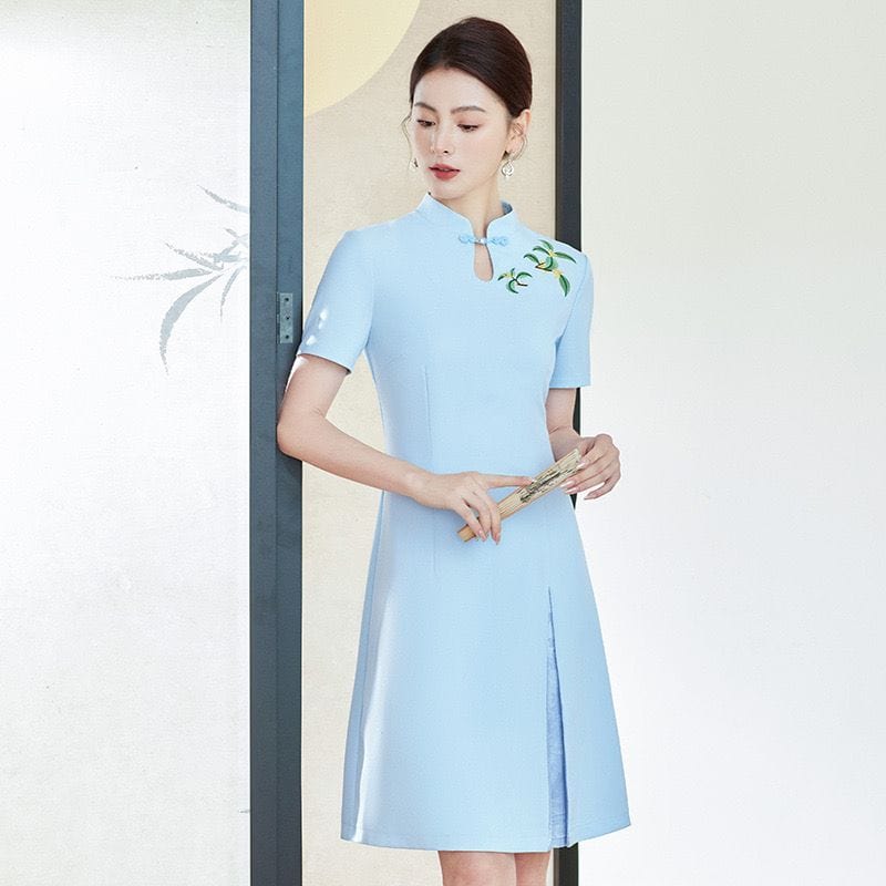 Beth and Brian Qipao-YY Leaf embroidery, A-line short Cheongsam