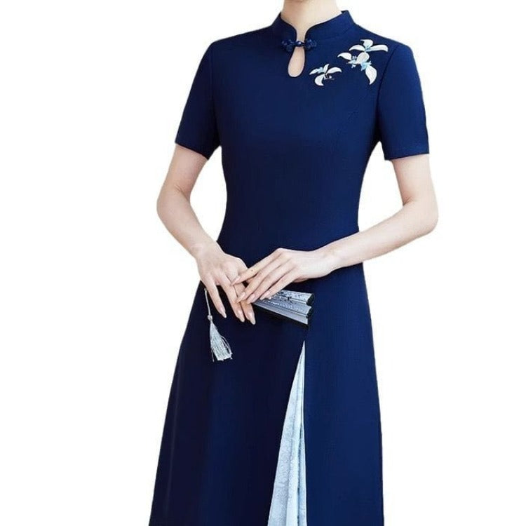 Beth and Brian Qipao -TQ Leaf embroidery, A-line short Qipao