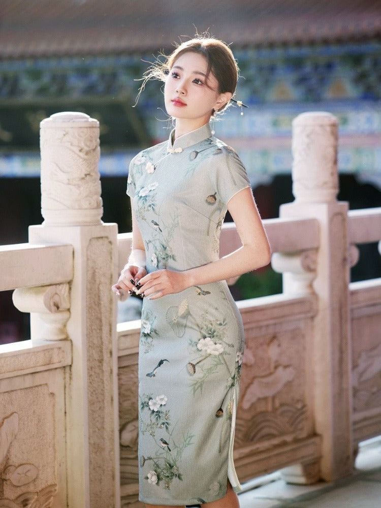 Beth and Brian Qipao-YG Floral pattern, silk hemp midi Cheongsam with short sleeves