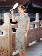 Beth and Brian Qipao-YG Floral pattern, silk hemp midi Cheongsam with short sleeves