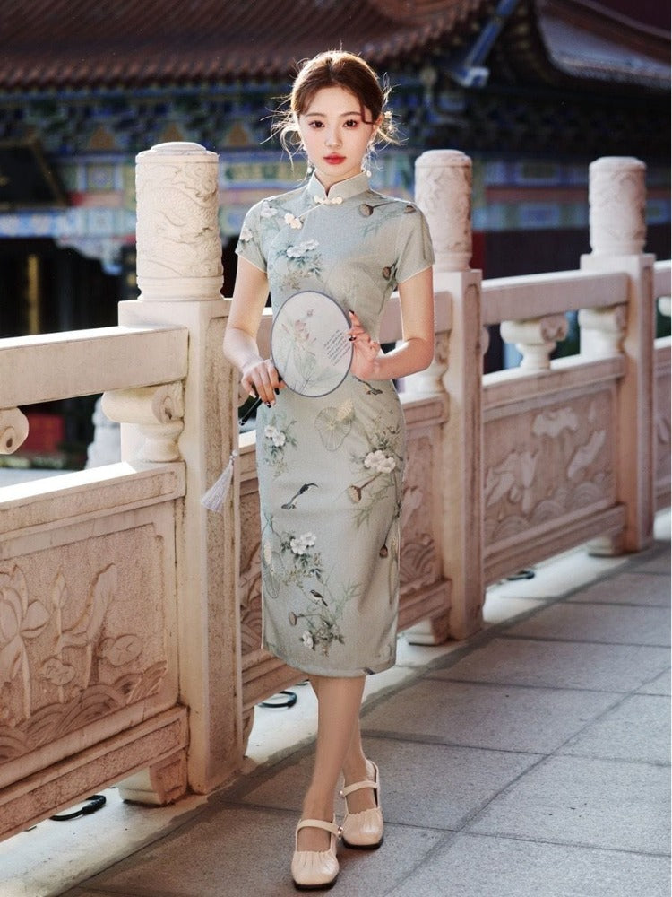 Beth and Brian Qipao-YG Floral pattern, silk hemp midi Cheongsam with short sleeves