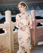 Beth and Brian Qipao-YG Floral pattern, silk hemp midi Cheongsam with short sleeves