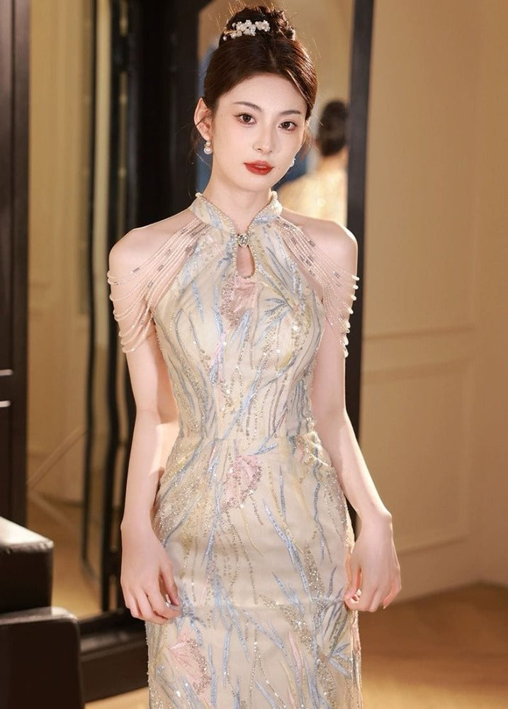 Beth and Brian Qipao-YJN New Chinese style (新中式), sequins long Cheongsam
