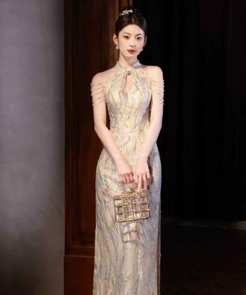Beth and Brian Qipao-YJN New Chinese style (新中式), sequins long Cheongsam
