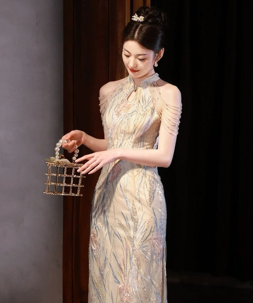 Beth and Brian Qipao-YJN New Chinese style (新中式), sequins long Cheongsam