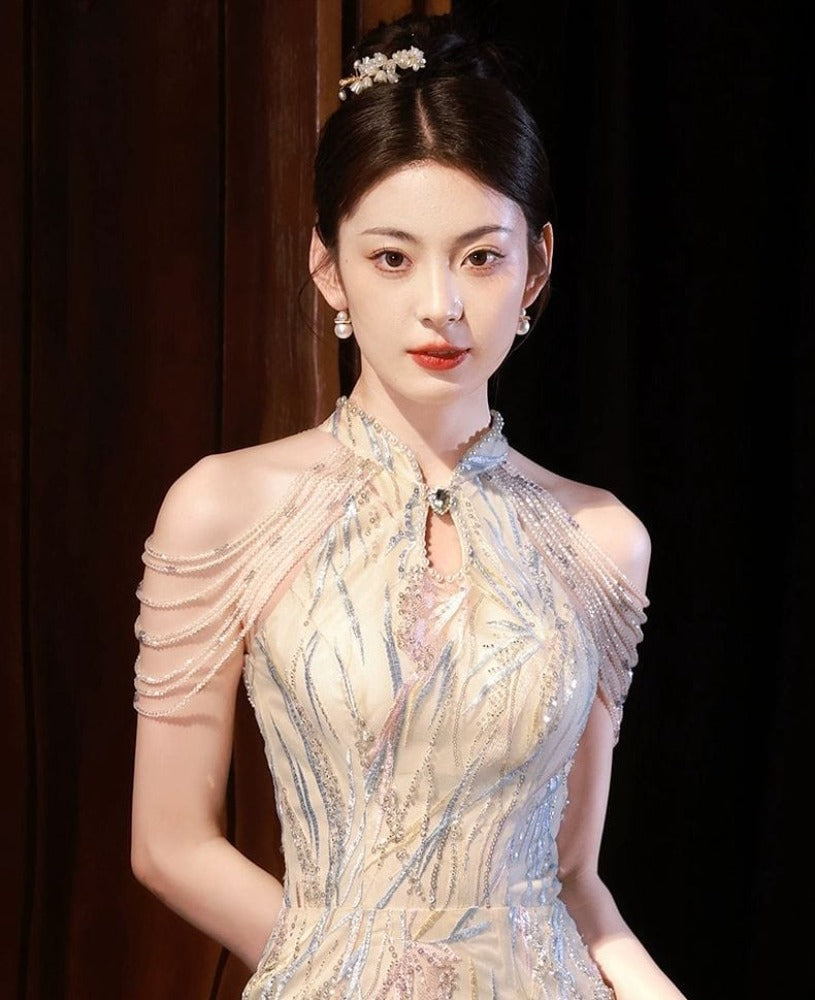 Beth and Brian Qipao-YJN New Chinese style (新中式), sequins long Cheongsam