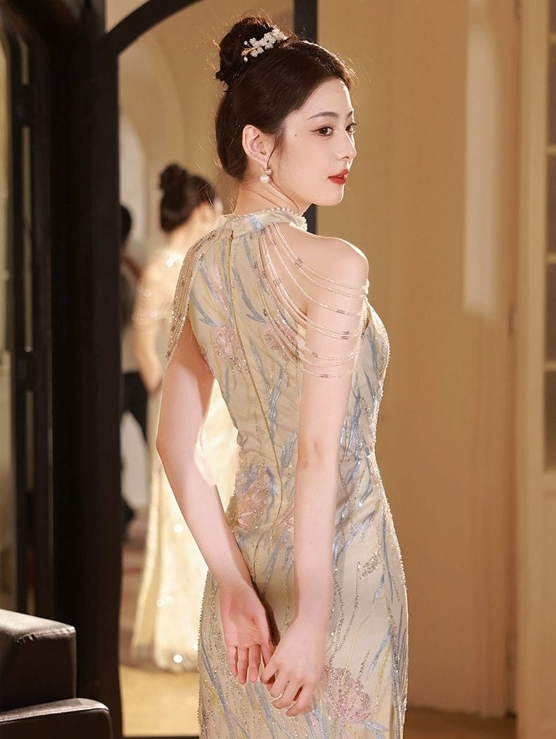 Beth and Brian Qipao-YJN New Chinese style (新中式), sequins long Cheongsam