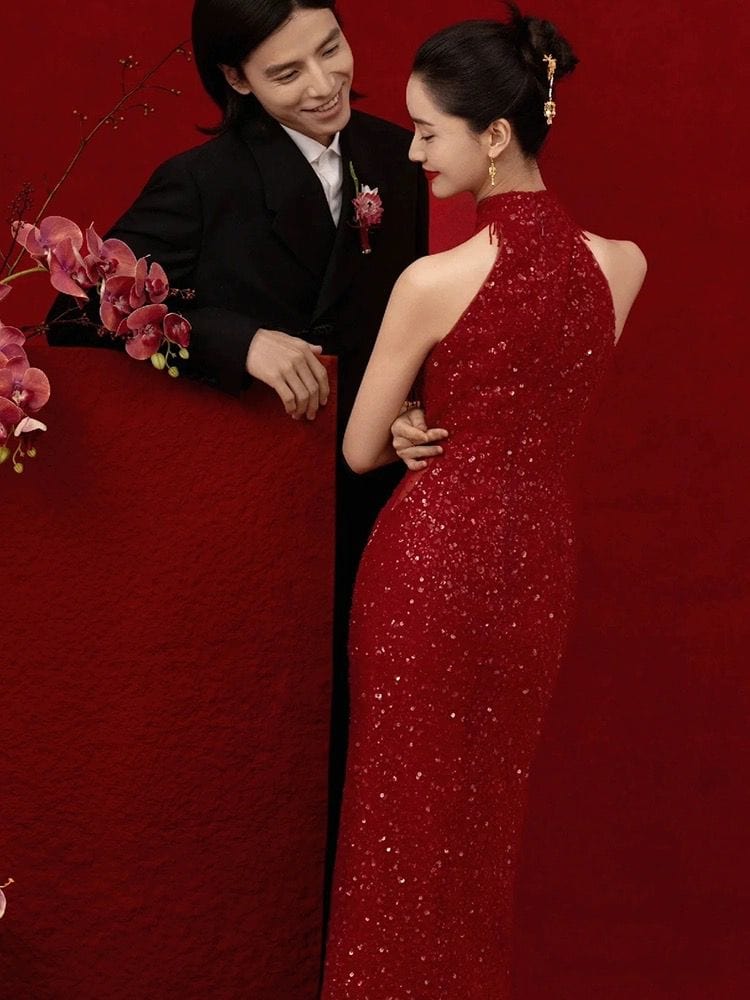 Beth and Brian Qipao-QX New Chinese style (新中式), sequins fabric, red long Cheongsam