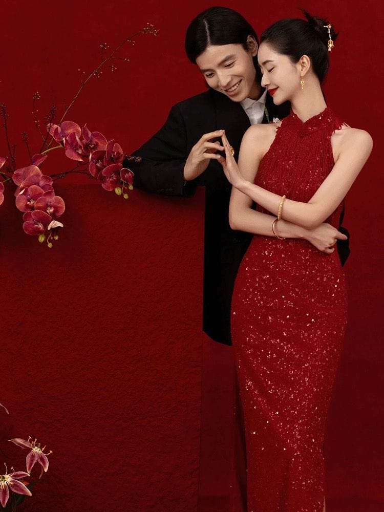 Beth and Brian Qipao-QX New Chinese style (新中式), sequins fabric, red long Cheongsam