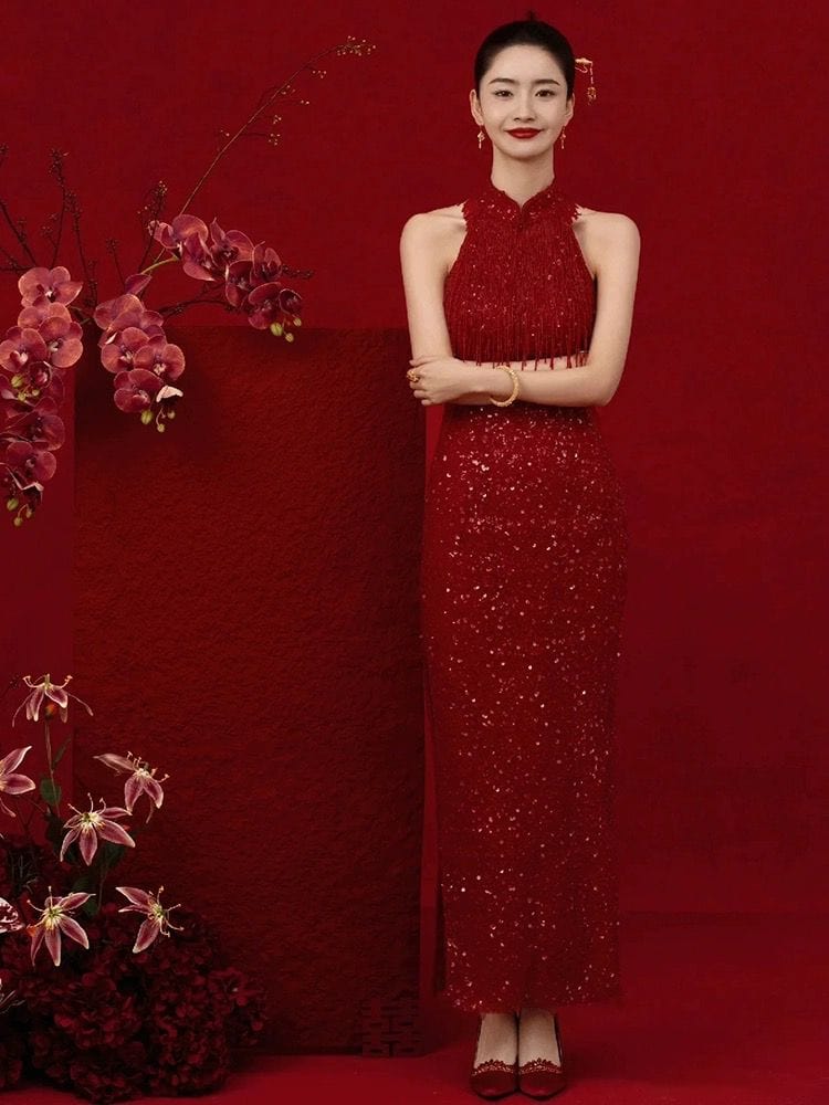 Beth and Brian Qipao-QX New Chinese style (新中式), sequins fabric, red long Cheongsam