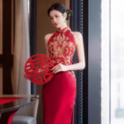 Beth and Brian Qipao - YB New Chinese style (新中式), floral embroidery, long red Cheongsam