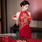 Beth and Brian Qipao - YB New Chinese style (新中式), floral embroidery, long red Cheongsam