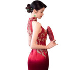 Beth and Brian Qipao - YB New Chinese style (新中式), floral embroidery, long red Cheongsam