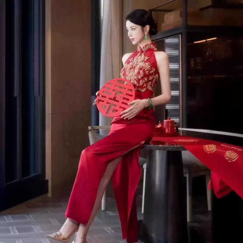 Beth and Brian Qipao - YB New Chinese style (新中式), floral embroidery, long red Cheongsam