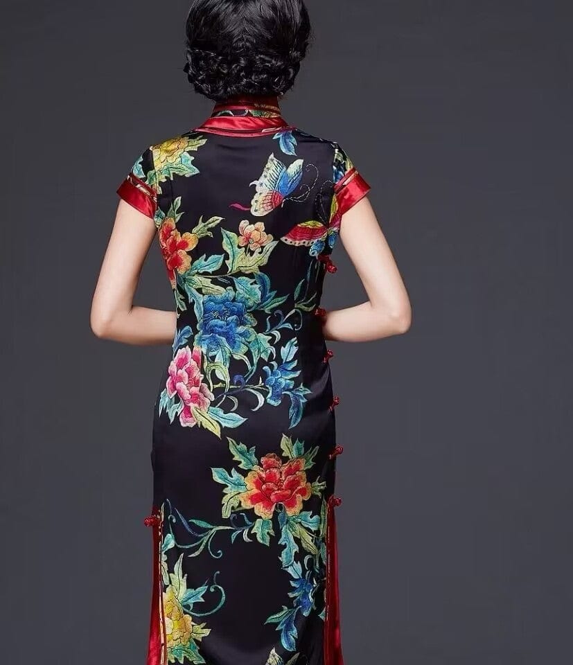 Beth and Brian Qipao-MYC Floral pattern, high-end, mulberry silk black midi Cheongsam