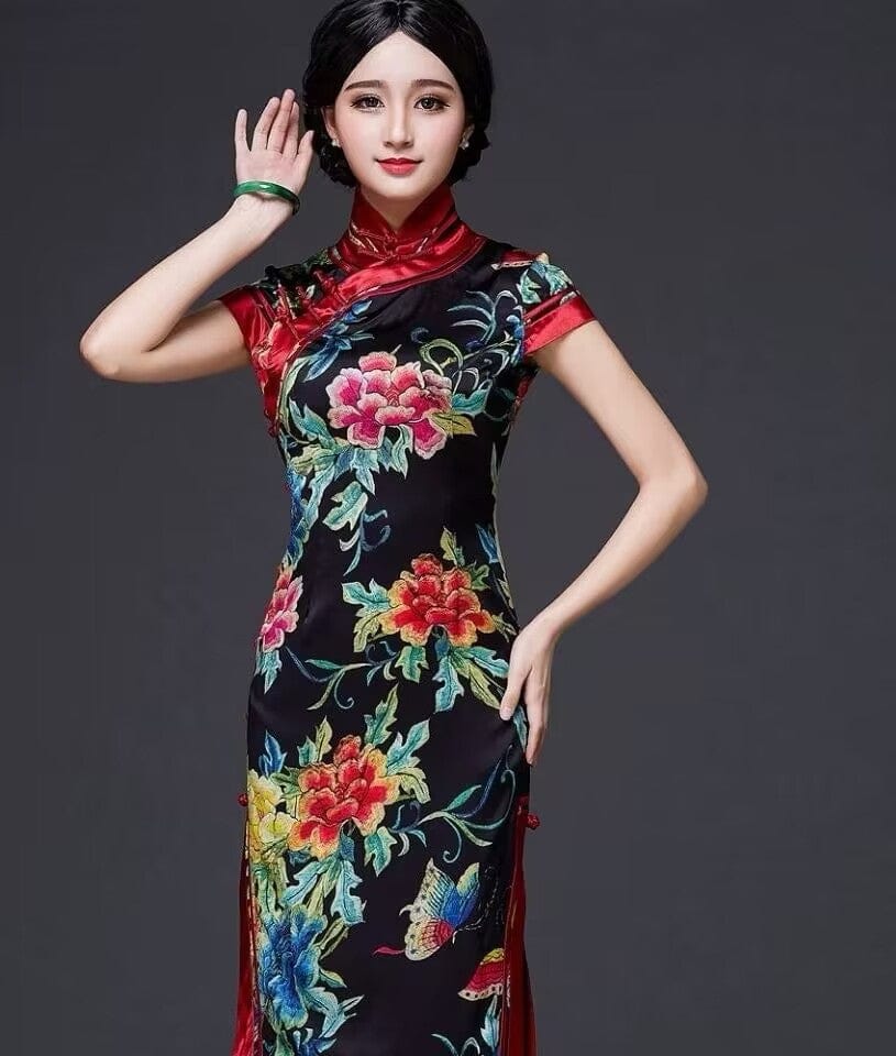 Beth and Brian Qipao-MYC Floral pattern, high-end, mulberry silk black midi Cheongsam