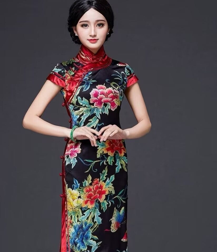 Beth and Brian Qipao-MYC Floral pattern, high-end, mulberry silk black midi Cheongsam