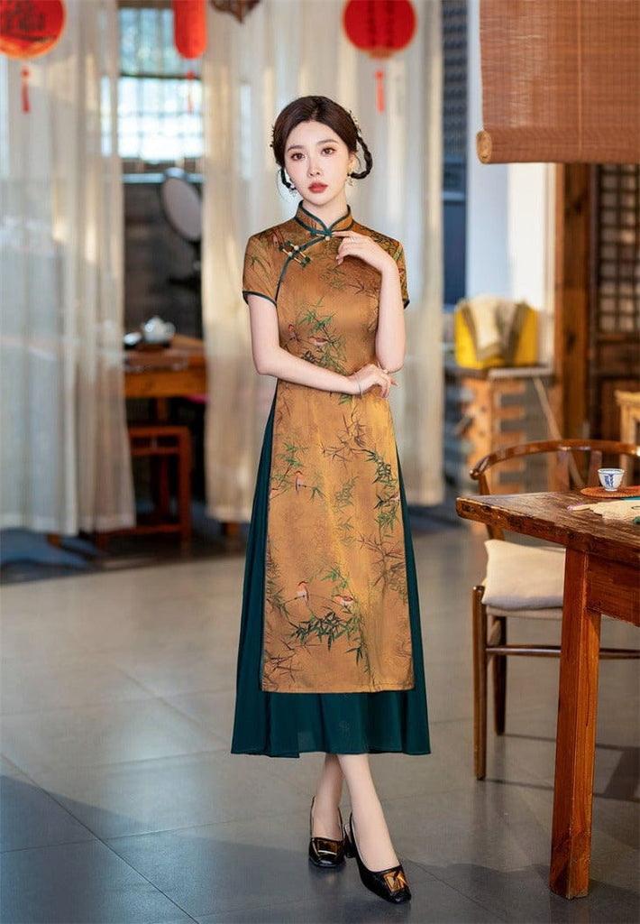 Beth and Brian Qipao-SYK Bamboo leaf pattern, hua luo silk midi Ao dai
