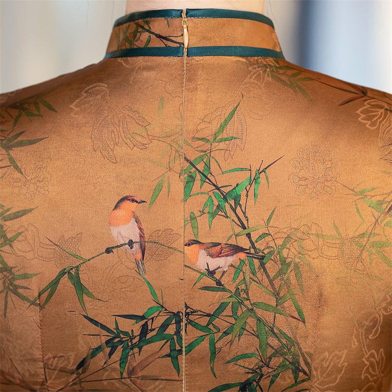 Beth and Brian Qipao-SYK Bamboo leaf pattern, hua luo silk midi Ao dai