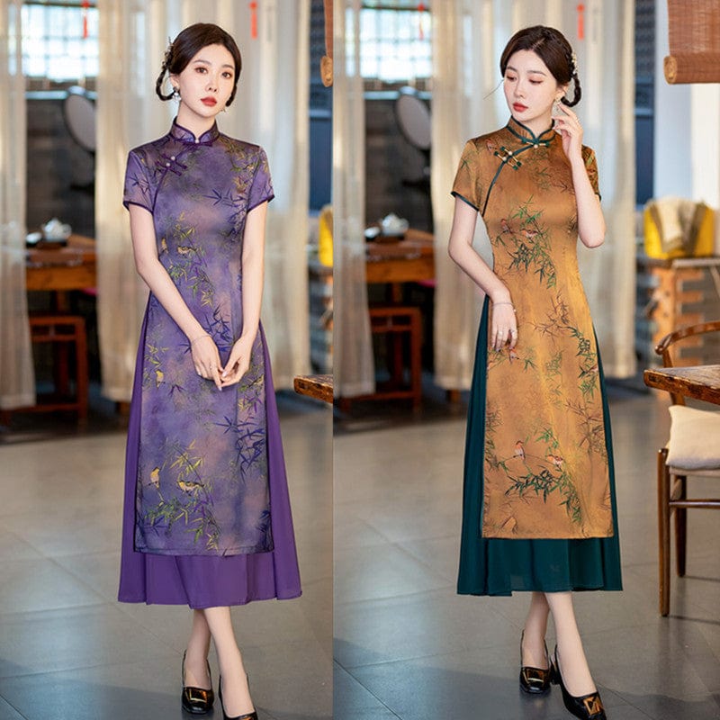 Beth and Brian Qipao-SYK Bamboo leaf pattern, hua luo silk midi Ao dai
