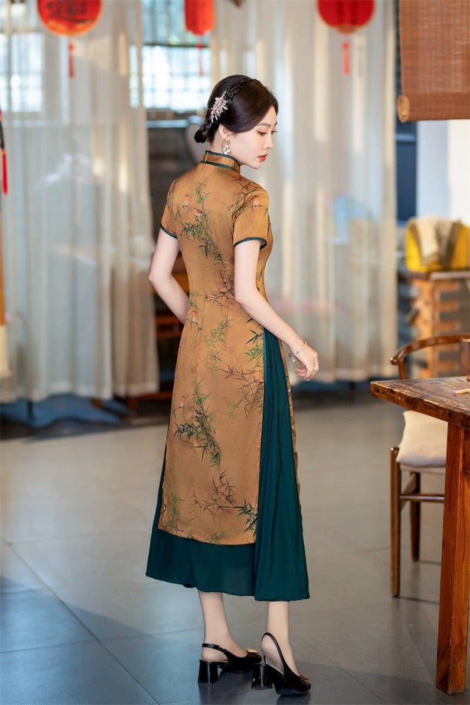 Beth and Brian Qipao-SYK Bamboo leaf pattern, hua luo silk midi Ao dai