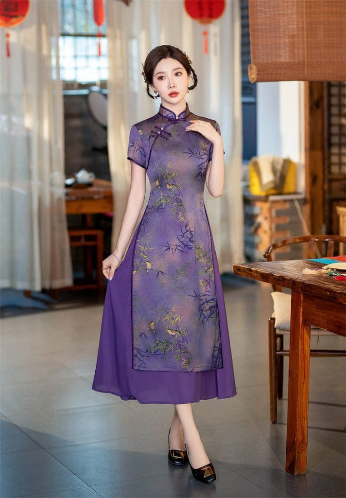 Beth and Brian Qipao-SYK Bamboo leaf pattern, hua luo silk midi Ao dai
