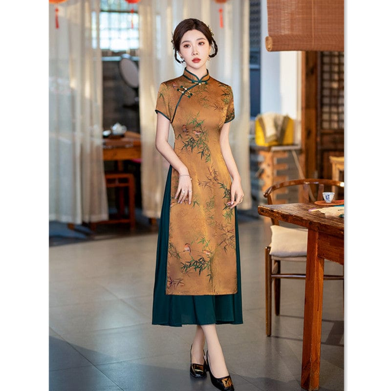 Beth and Brian Qipao-SYK Bamboo leaf pattern, hua luo silk midi Ao dai