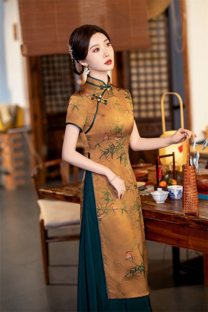 Beth and Brian Qipao-SYK Bamboo leaf pattern, hua luo silk midi Ao dai