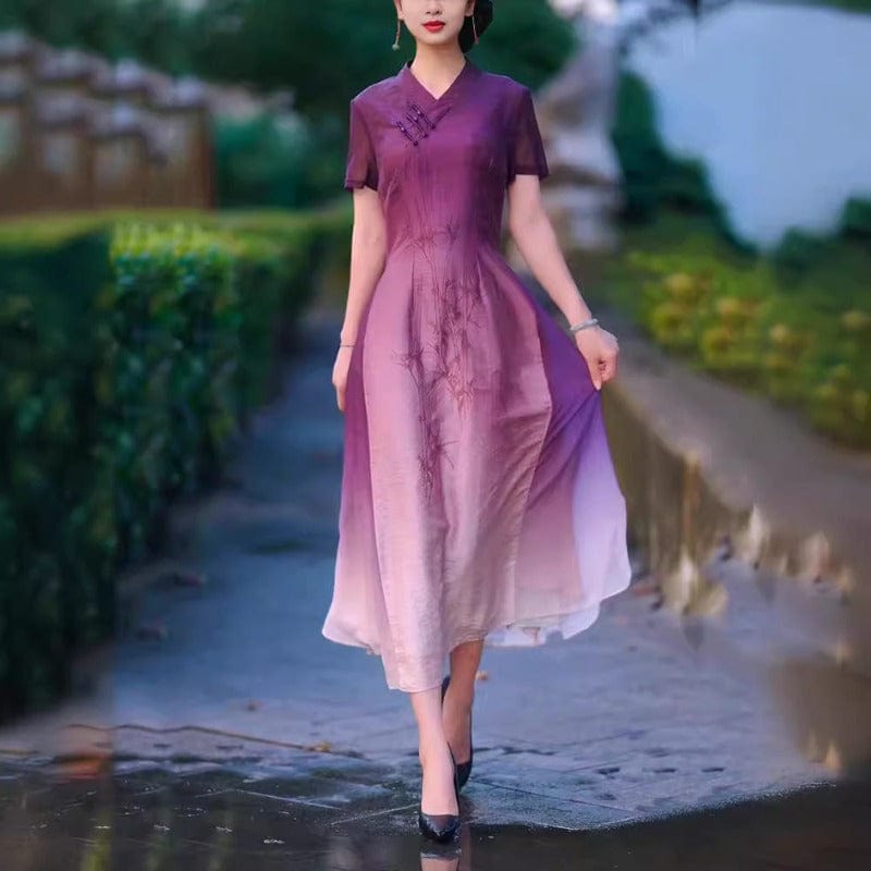 Beth and Brian Qipao-MYJ Plus size, hua luo jacquard, purple long Cheongsam