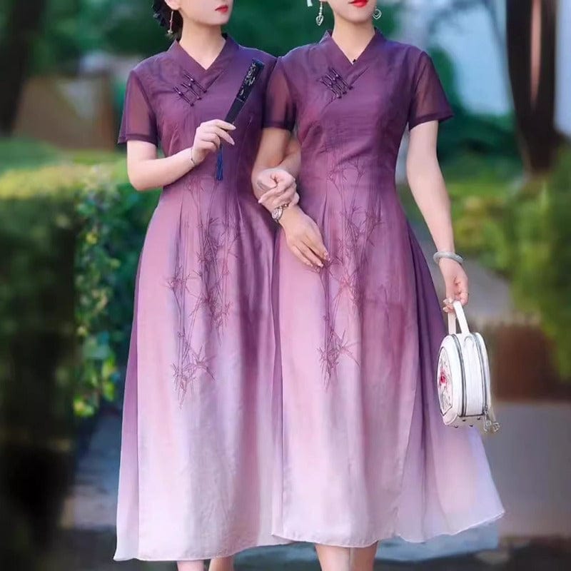 Beth and Brian Qipao-MYJ Plus size, hua luo jacquard, purple long Cheongsam