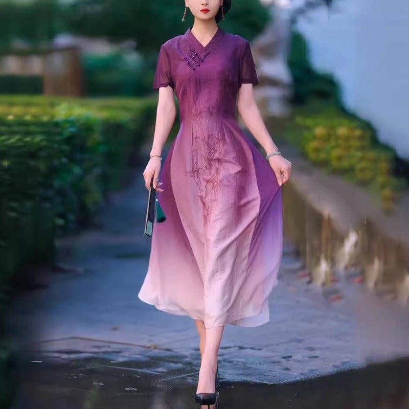 Beth and Brian Qipao-MYJ Plus size, hua luo jacquard, purple long Cheongsam