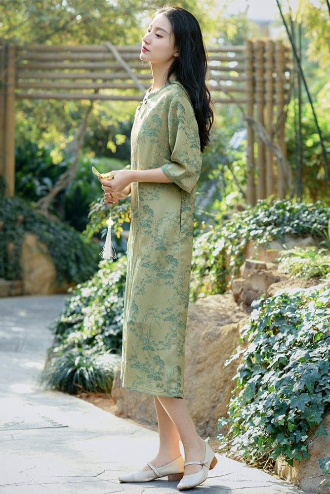 Beth and Brian Qipao-QM Fall collection, jacquard fabric midi Cheongsam