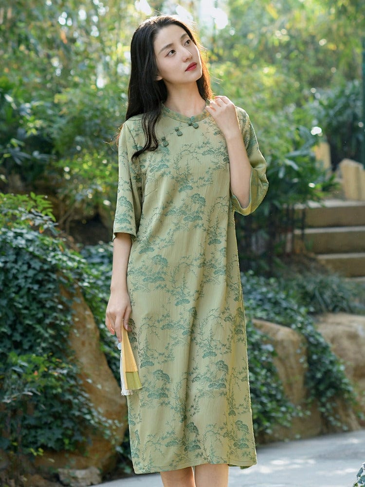 Beth and Brian Qipao-QM Fall collection, jacquard fabric midi Cheongsam