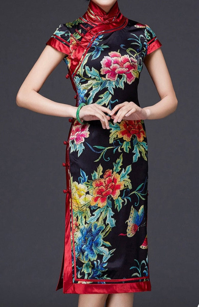 Beth and Brian Qipao-DFSY Floral pattern, high-end, mulberry silk black midi Cheongsam