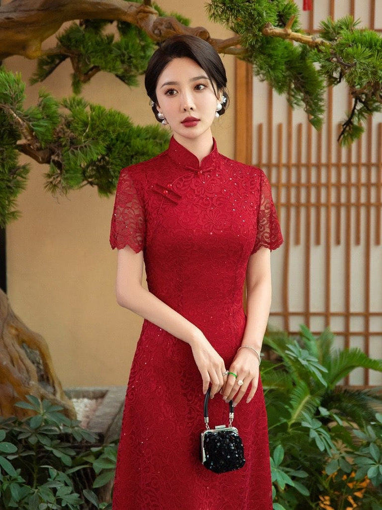 Beth and Brian Qipao-LHST Floral pattern, lace long Cheongsam
