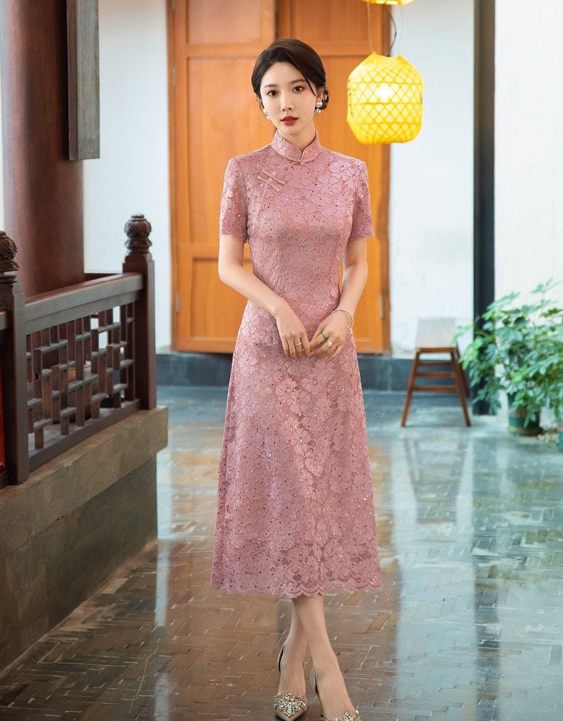 Beth and Brian Qipao-LHST Lace fabric, plus size long Cheongsam