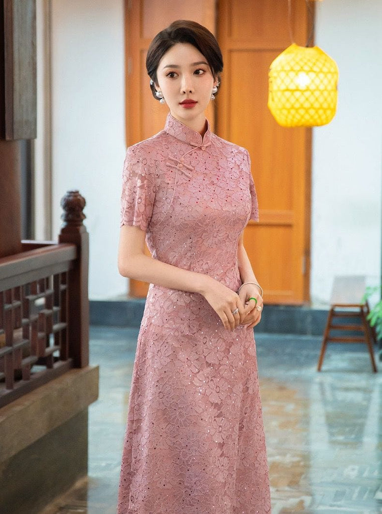 Beth and Brian Qipao-LHST Lace fabric, plus size long Cheongsam