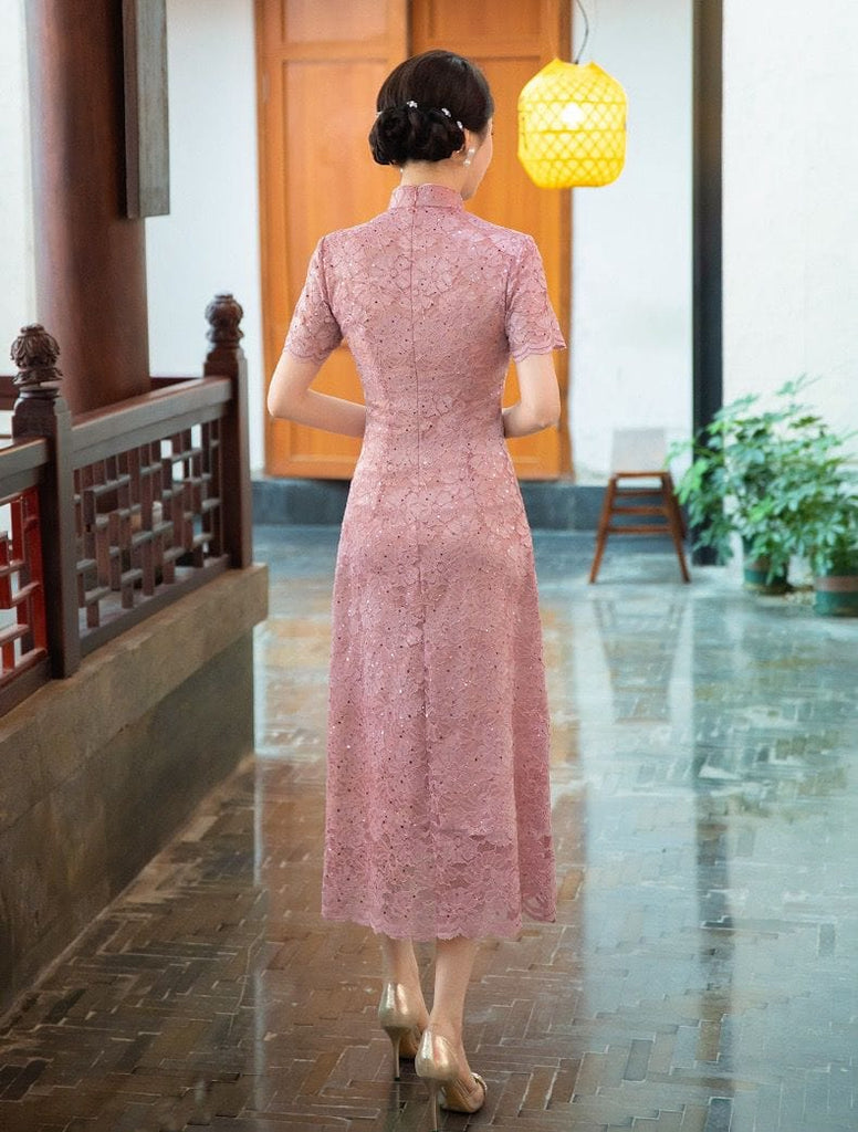 Beth and Brian Qipao-LHST Lace fabric, plus size long Cheongsam