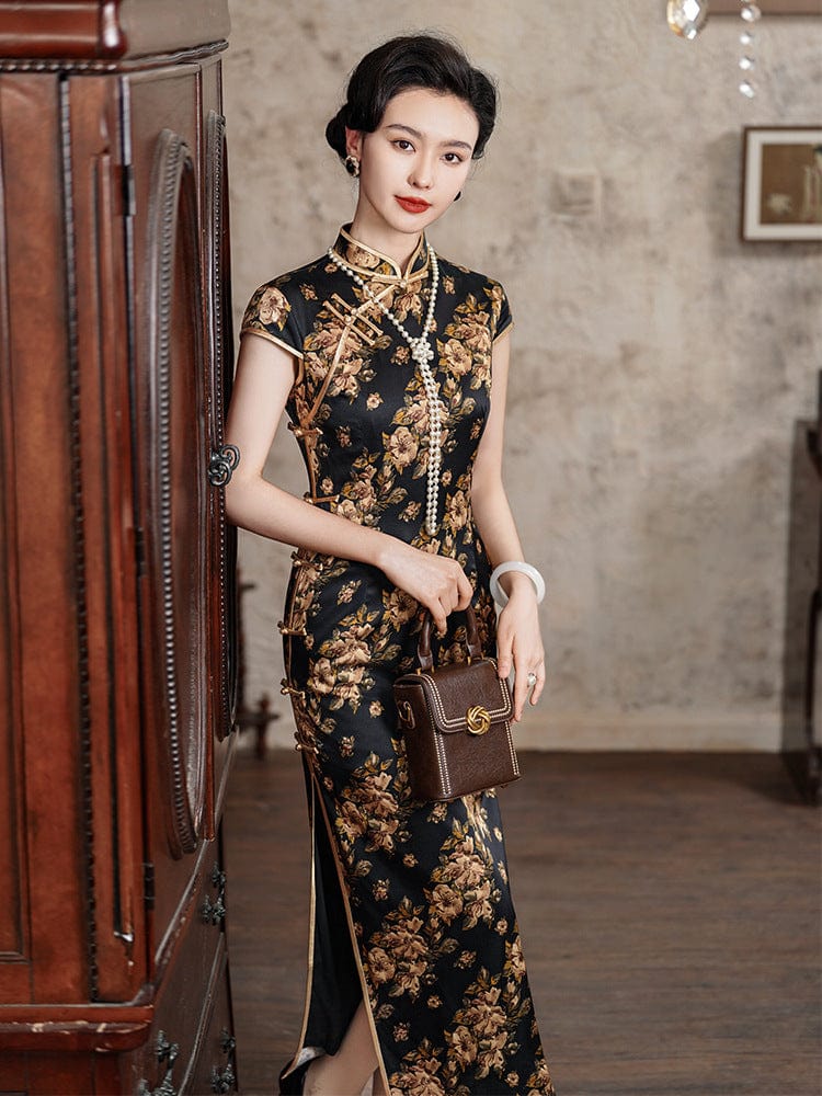 Beth and Brian Qipao-JD 19 mome mulberry silk, floral pattern, high-end long Cheongsam