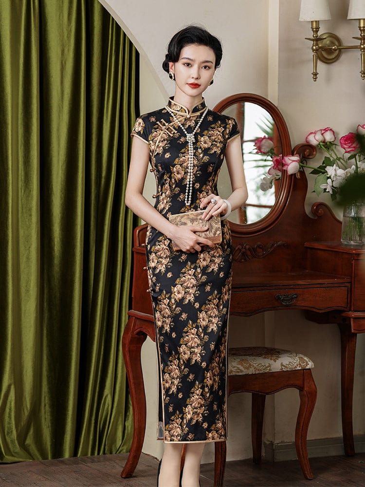 Beth and Brian Qipao-JD 19 mome mulberry silk, floral pattern, high-end long Cheongsam