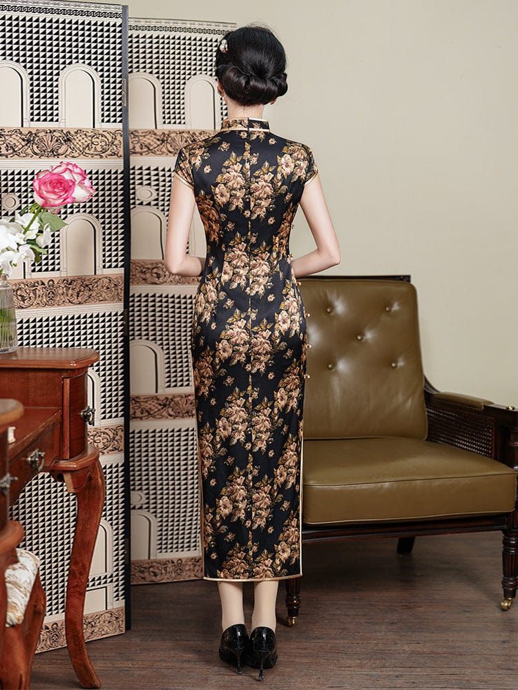 Beth and Brian Qipao-JD 19 mome mulberry silk, floral pattern, high-end long Cheongsam