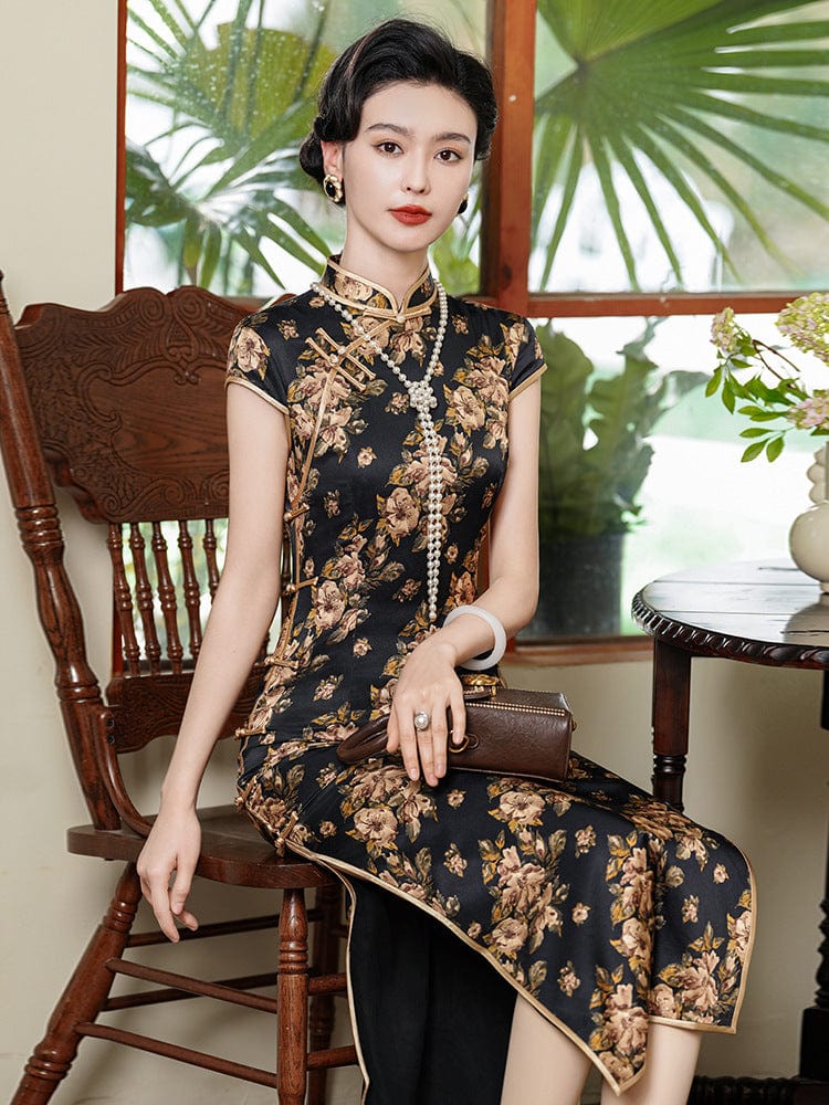 Beth and Brian Qipao-JD 19 mome mulberry silk, floral pattern, high-end long Cheongsam