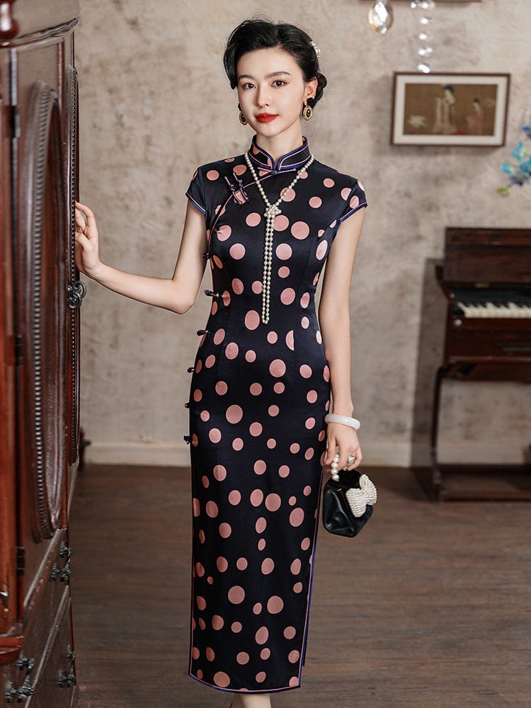 Beth and Brian Qipao-JD 19 mome mulberry silk, polkadot pattern, High-end long Cheongsam