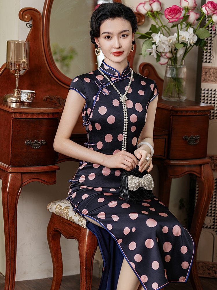 Beth and Brian Qipao-JD 19 mome mulberry silk, polkadot pattern, High-end long Cheongsam