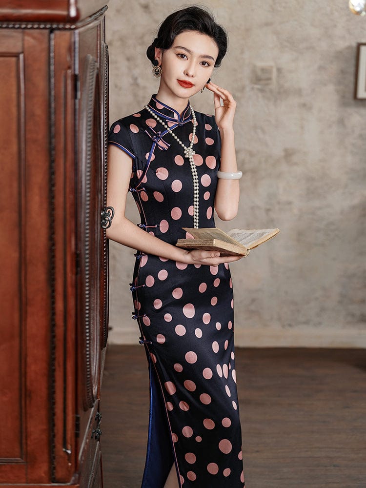Beth and Brian Qipao-JD 19 mome mulberry silk, polkadot pattern, High-end long Cheongsam