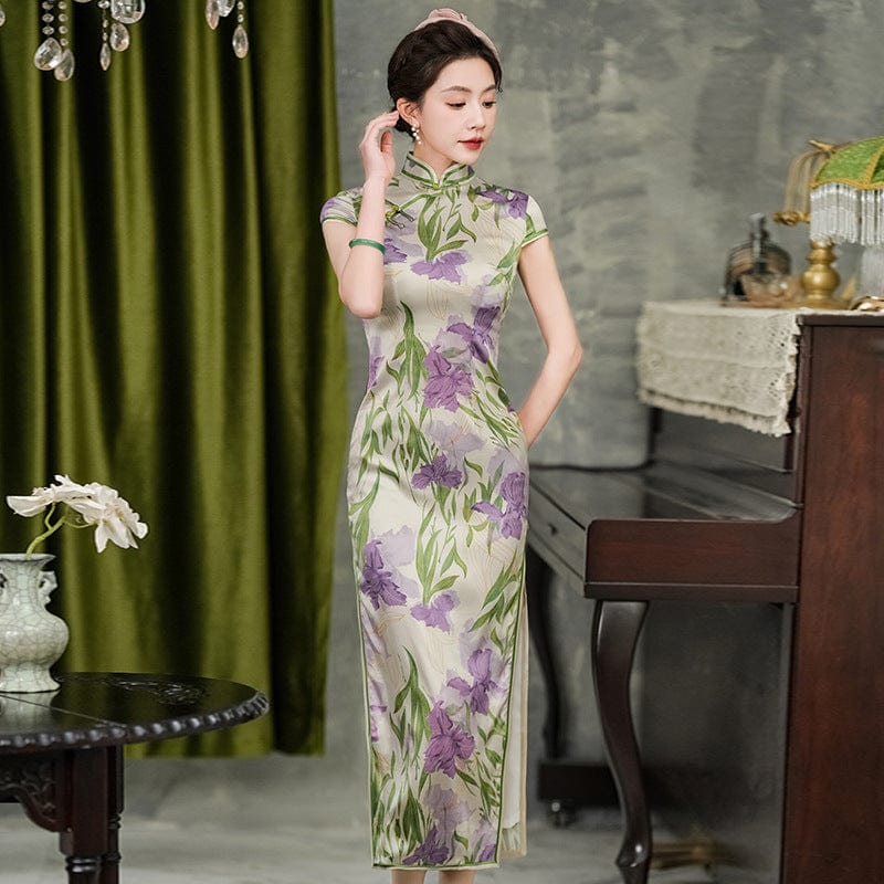 Beth and Brian Qipao-WXG Floral print, 19 mome mulberry silk, high-end long Cheongsam