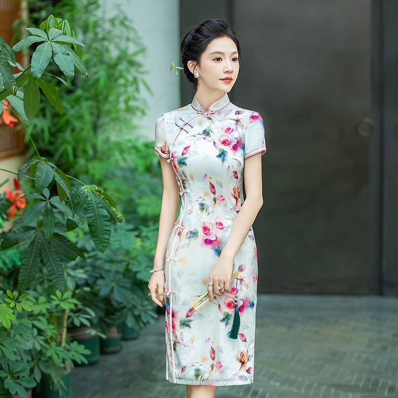 Beth and Brian Qipao-WXG Floral pattern, high-end, mulberry silk midi Cheongsam