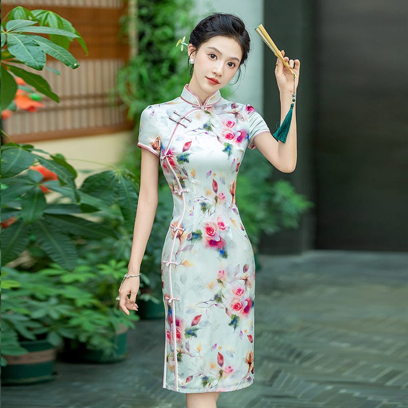 Beth and Brian Qipao-WXG Floral pattern, high-end, mulberry silk midi Cheongsam