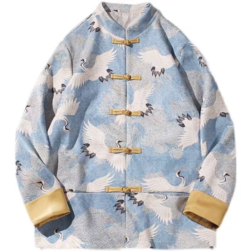 Beth and Brian Qipao-DC Crane print, blue Chinese Tang Suit Jacket