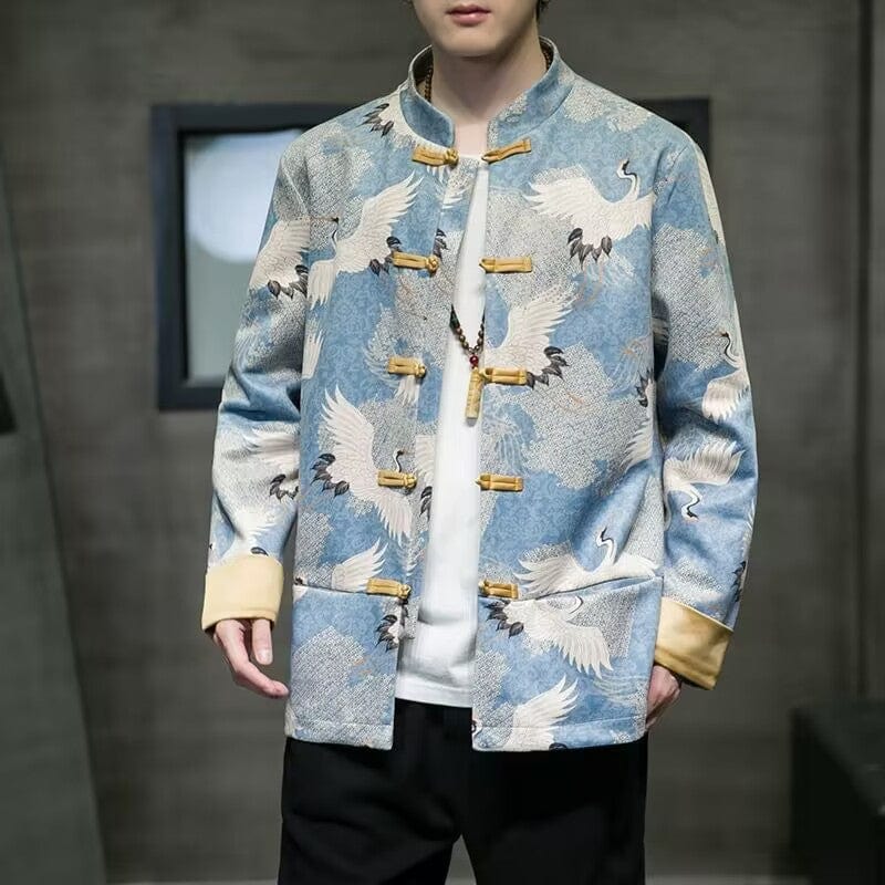 Beth and Brian Qipao-DC Crane print, blue Chinese Tang Suit Jacket